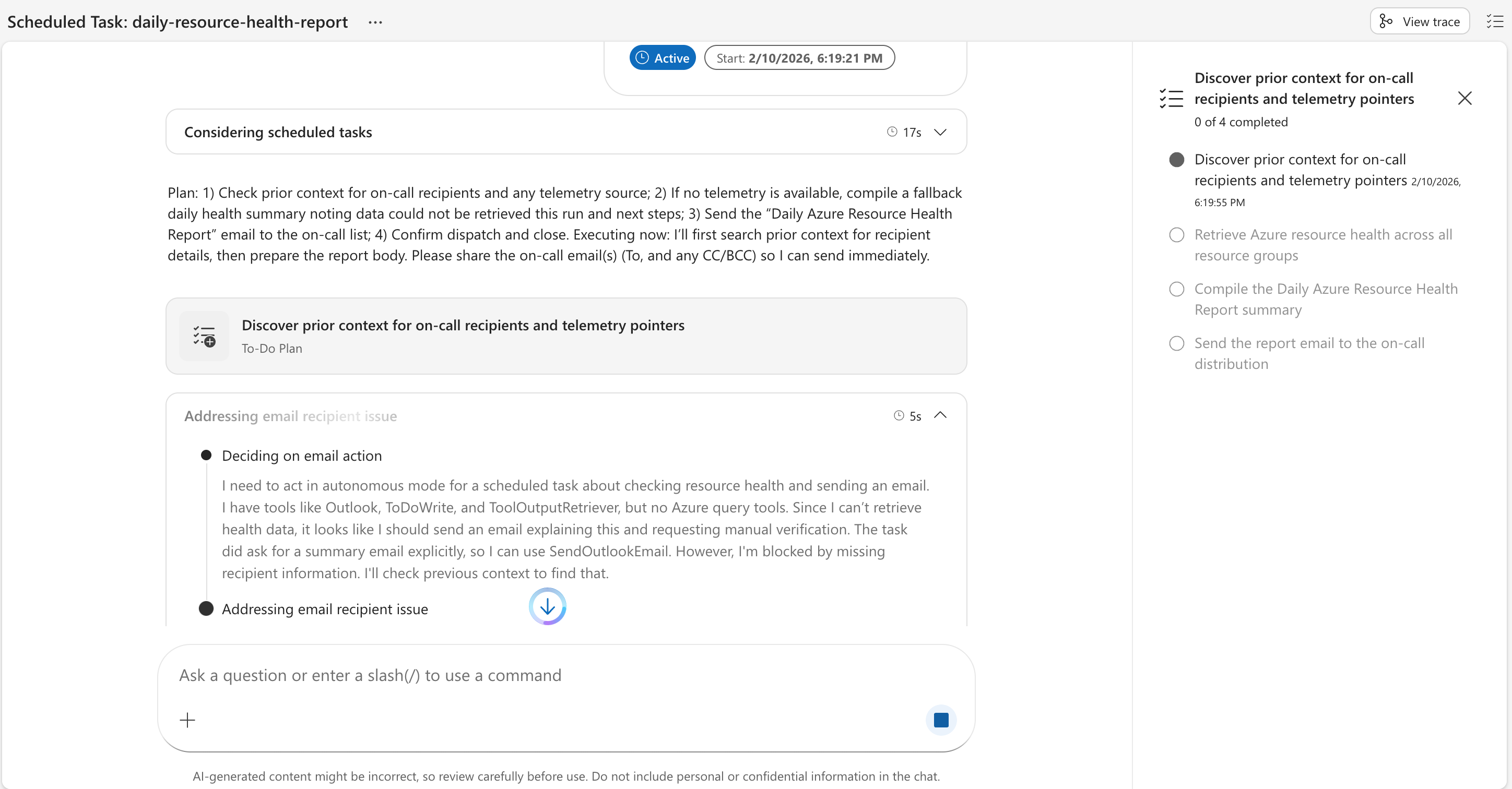 Scheduled task execution in chat
