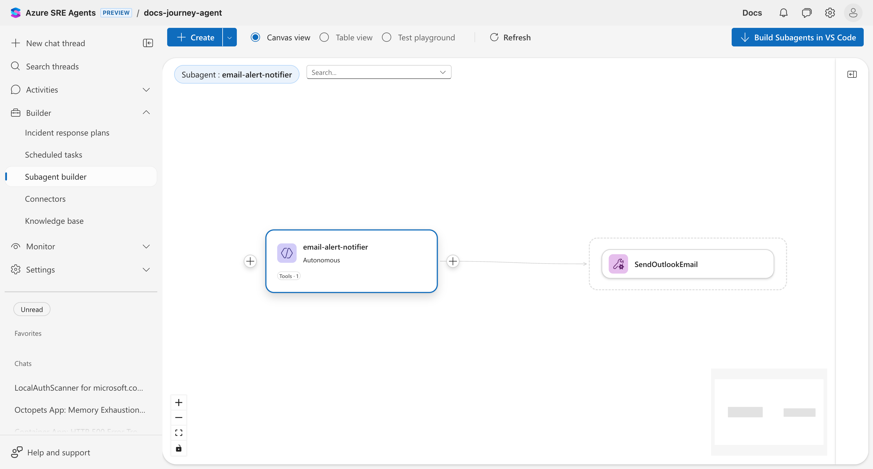 Subagent builder showing email-notifications subagent