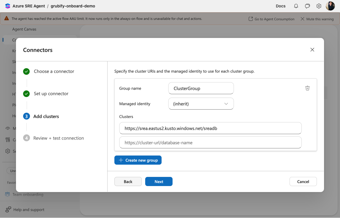 Add clusters step with one cluster URI filled and auto-added empty row