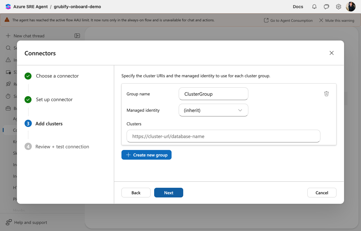 Add clusters step showing group name, managed identity dropdown, and cluster URI fields