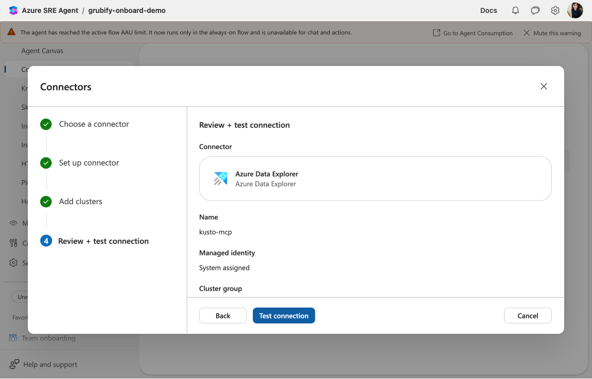Review and test connection step showing connector summary and Test connection button