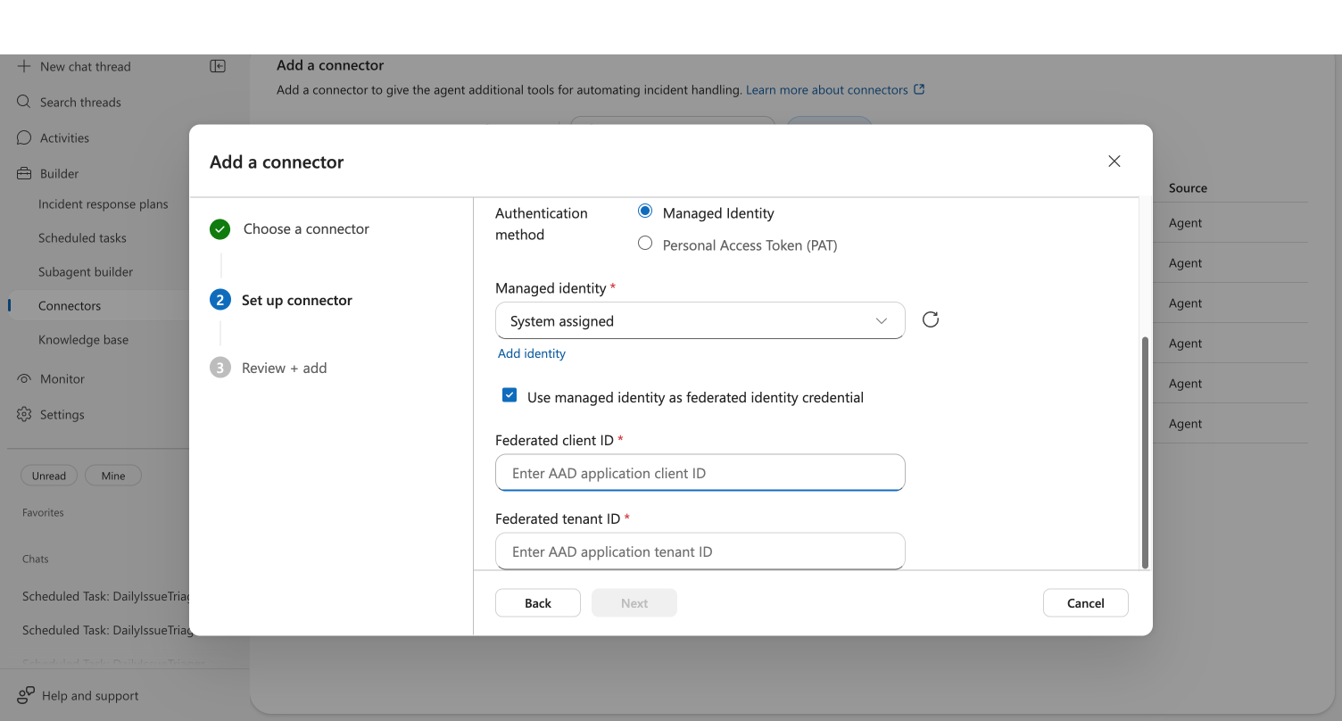 ADO connector form showing Federated client ID and Federated tenant ID fields after checking the FIC checkbox