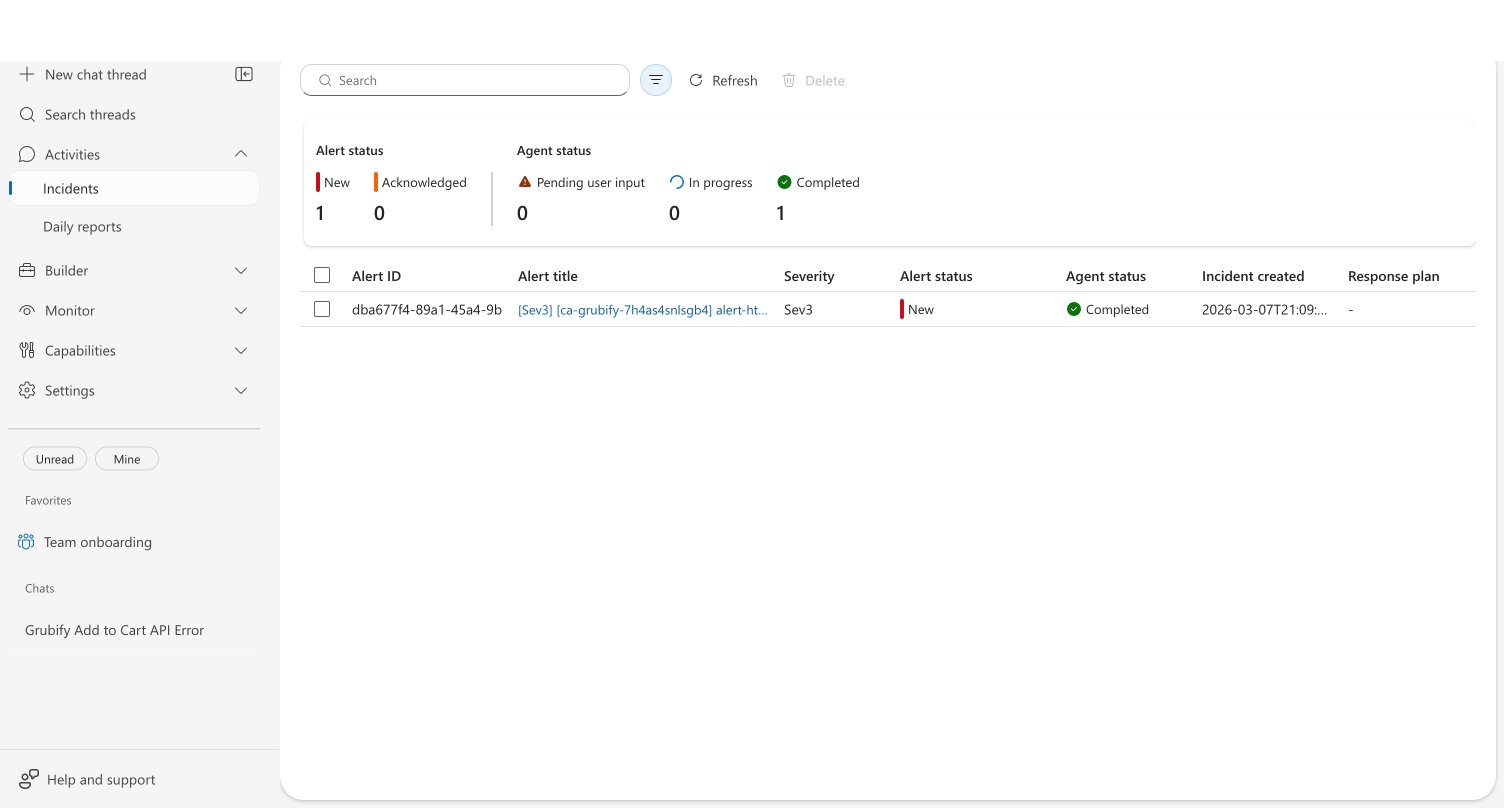 Incidents page showing one completed Sev3 alert with green Completed status