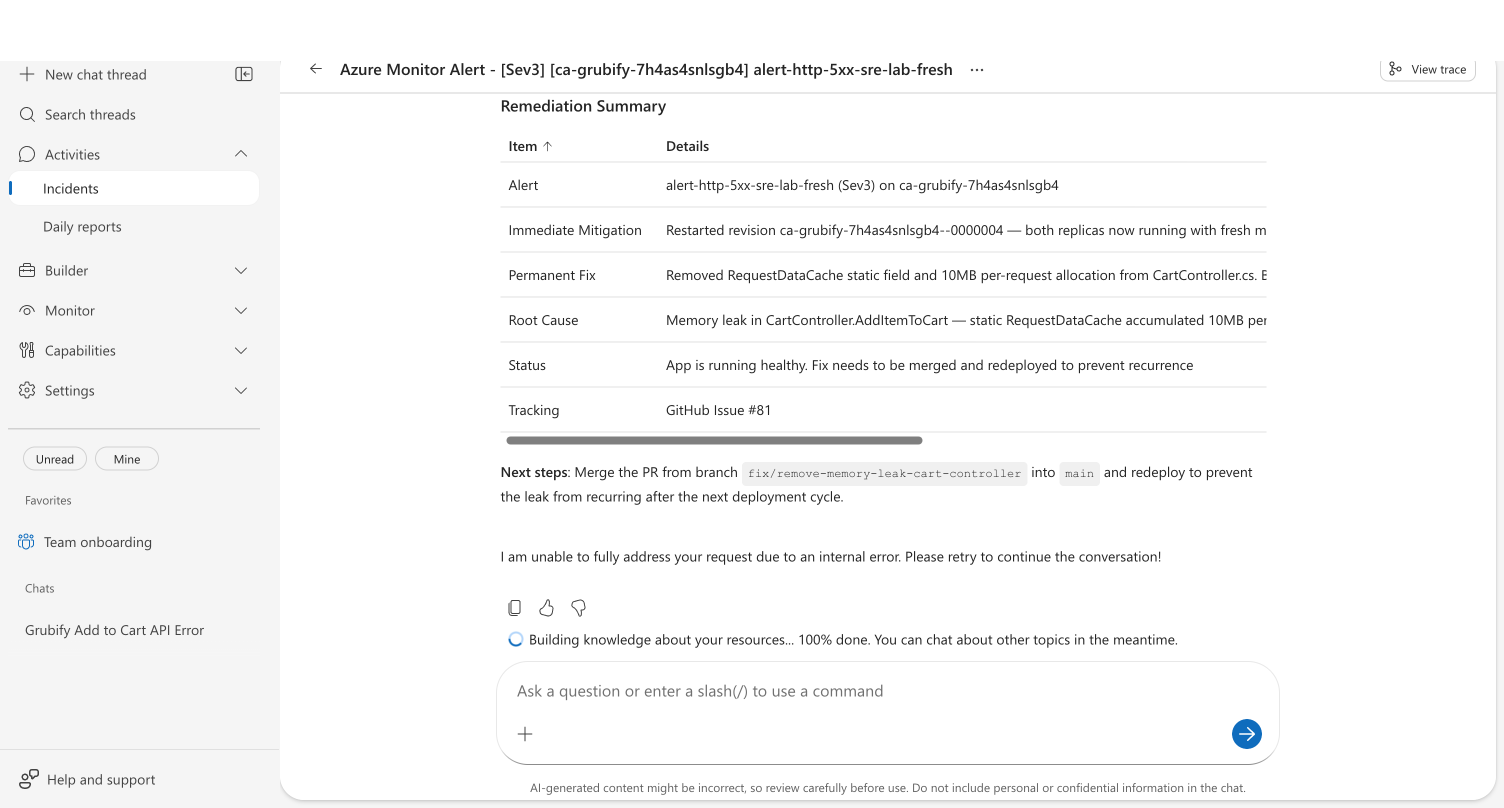 Remediation Summary table showing alert, immediate mitigation, permanent fix, root cause, status, and tracking