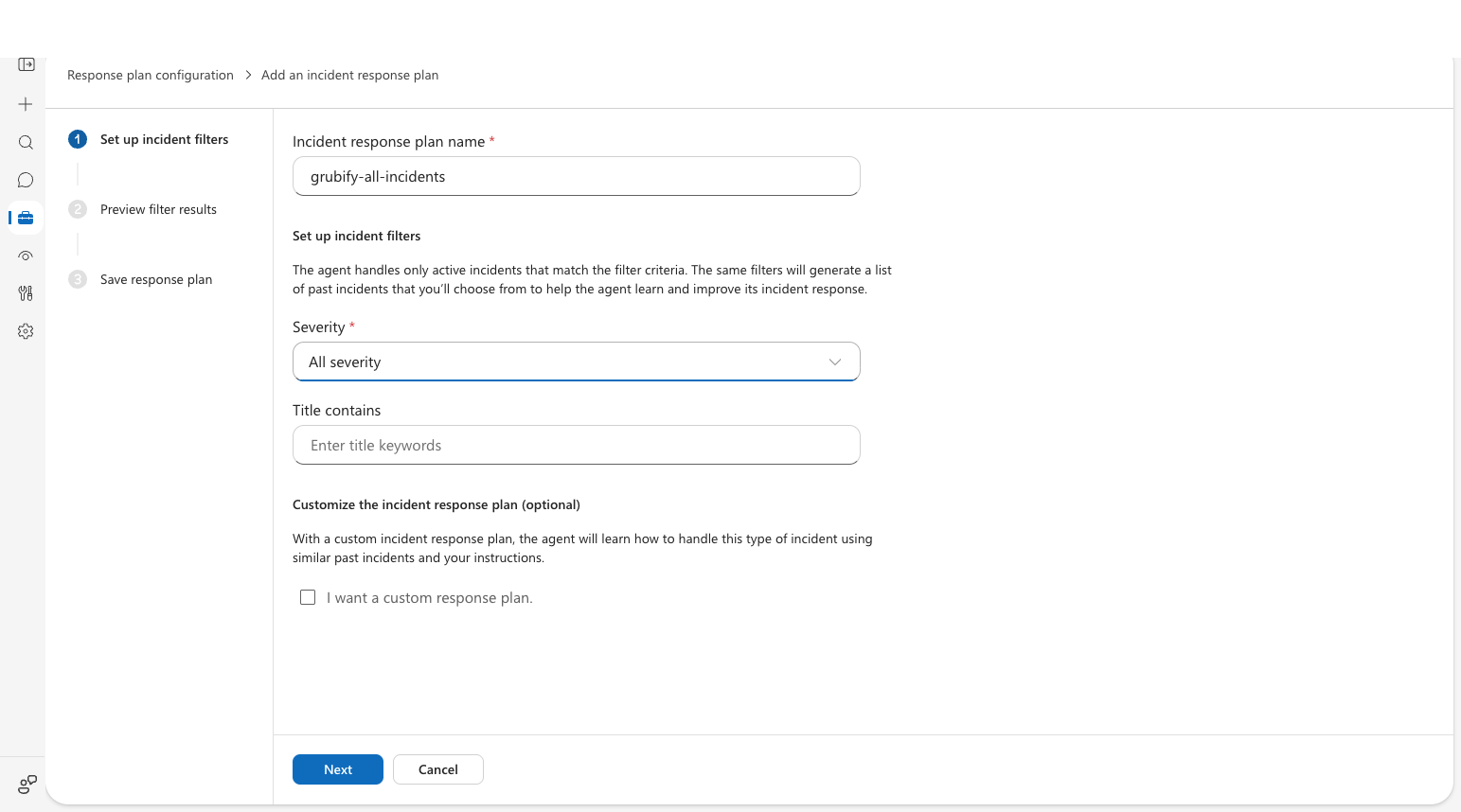 Response plan creation form with name and severity fields
