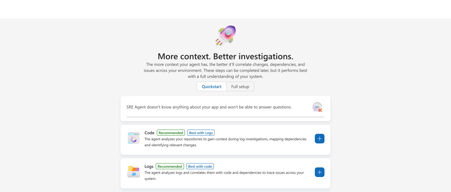 Setup page showing data source cards with Connect buttons for Code, Logs, Deployments, and Incidents