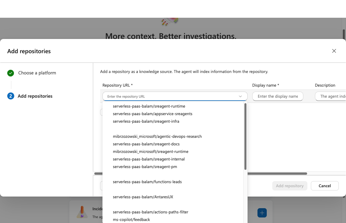Repository picker dropdown showing available GitHub repositories