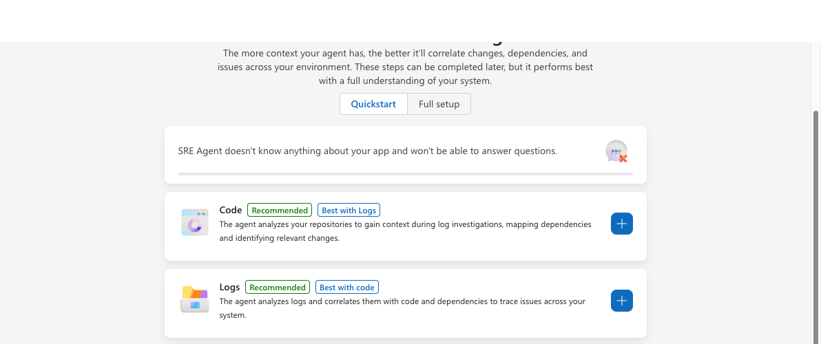 Setup page showing data source cards for Code, Logs, Deployments, and Incidents