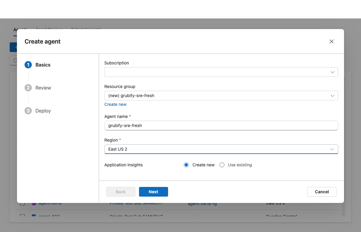 Create agent wizard with subscription, resource group, agent name, and region fields filled in