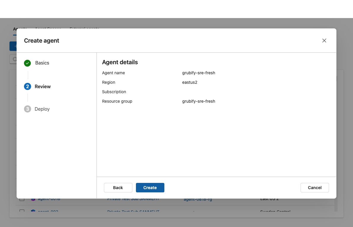 Review step showing agent configuration summary before deployment