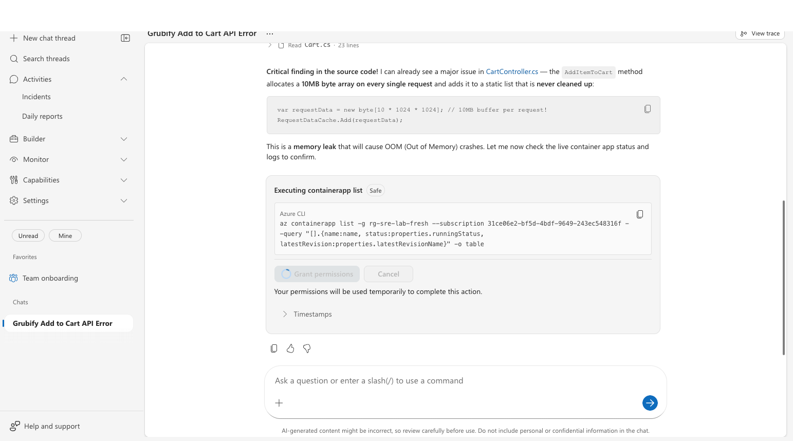 Agent reading source code files and identifying a memory leak in CartController.cs