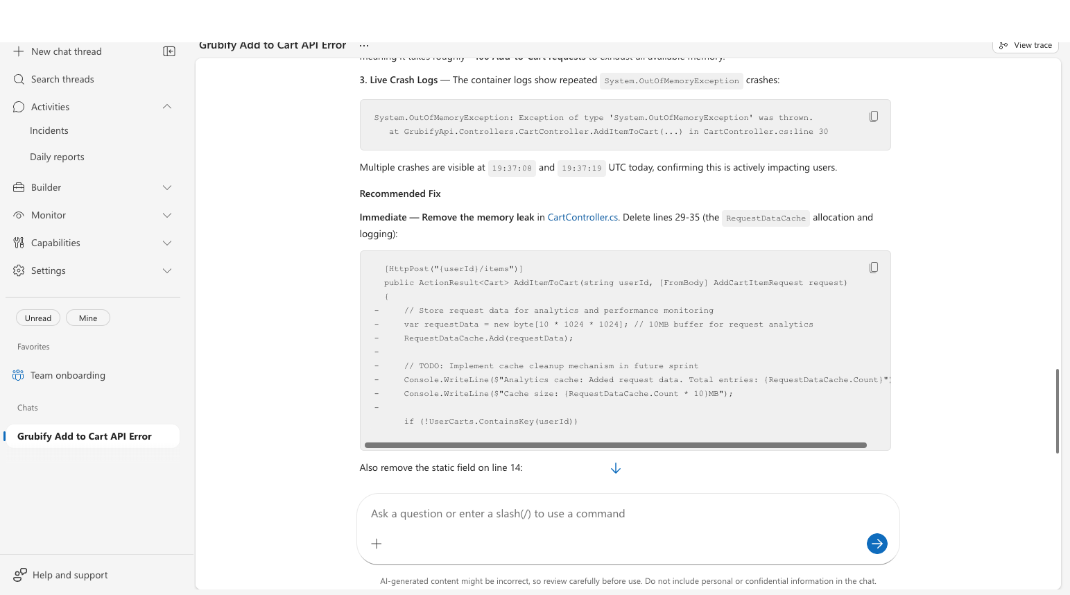 Agent presenting root cause analysis with code fix and crash log evidence