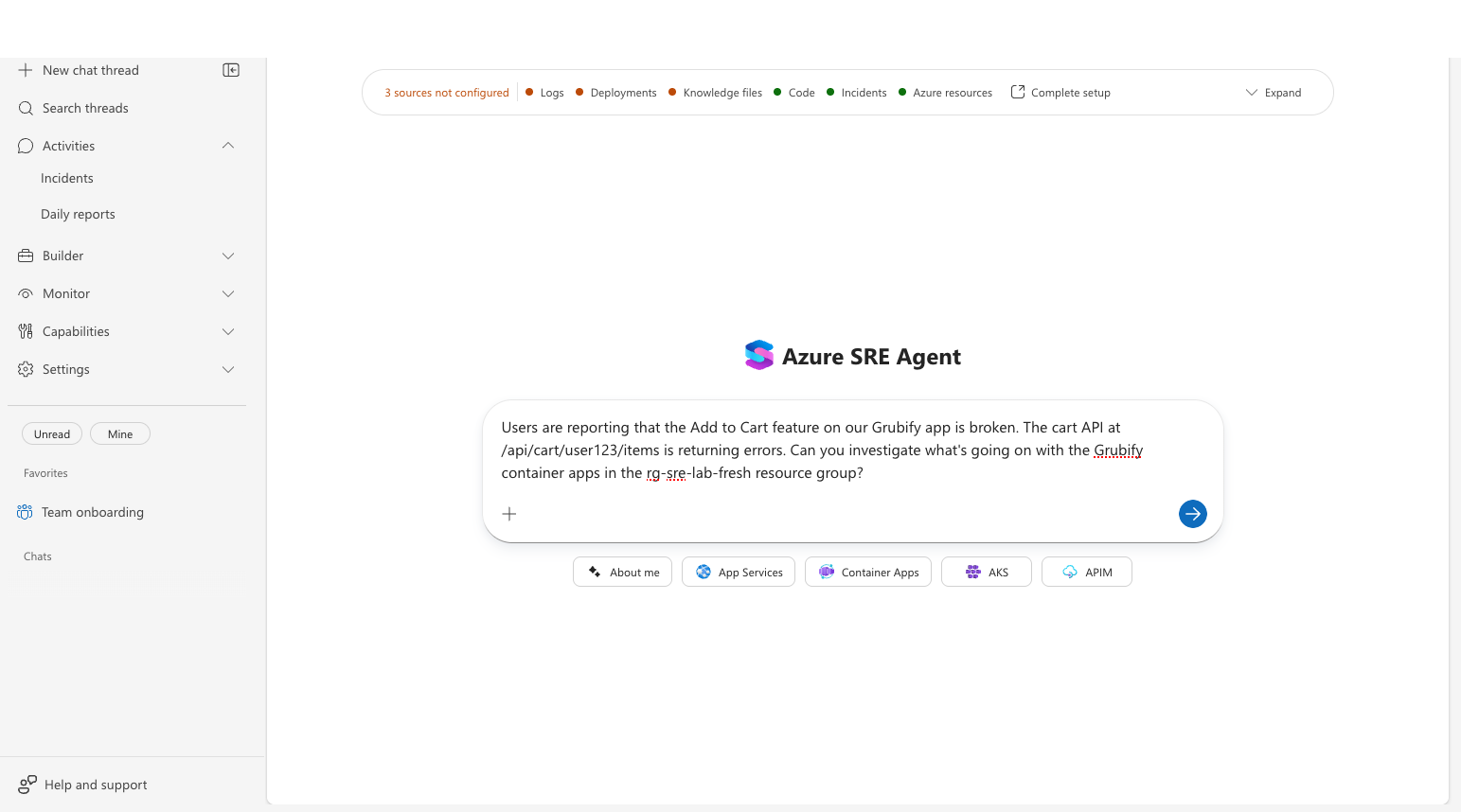 Chat input with an investigation request describing a broken cart API