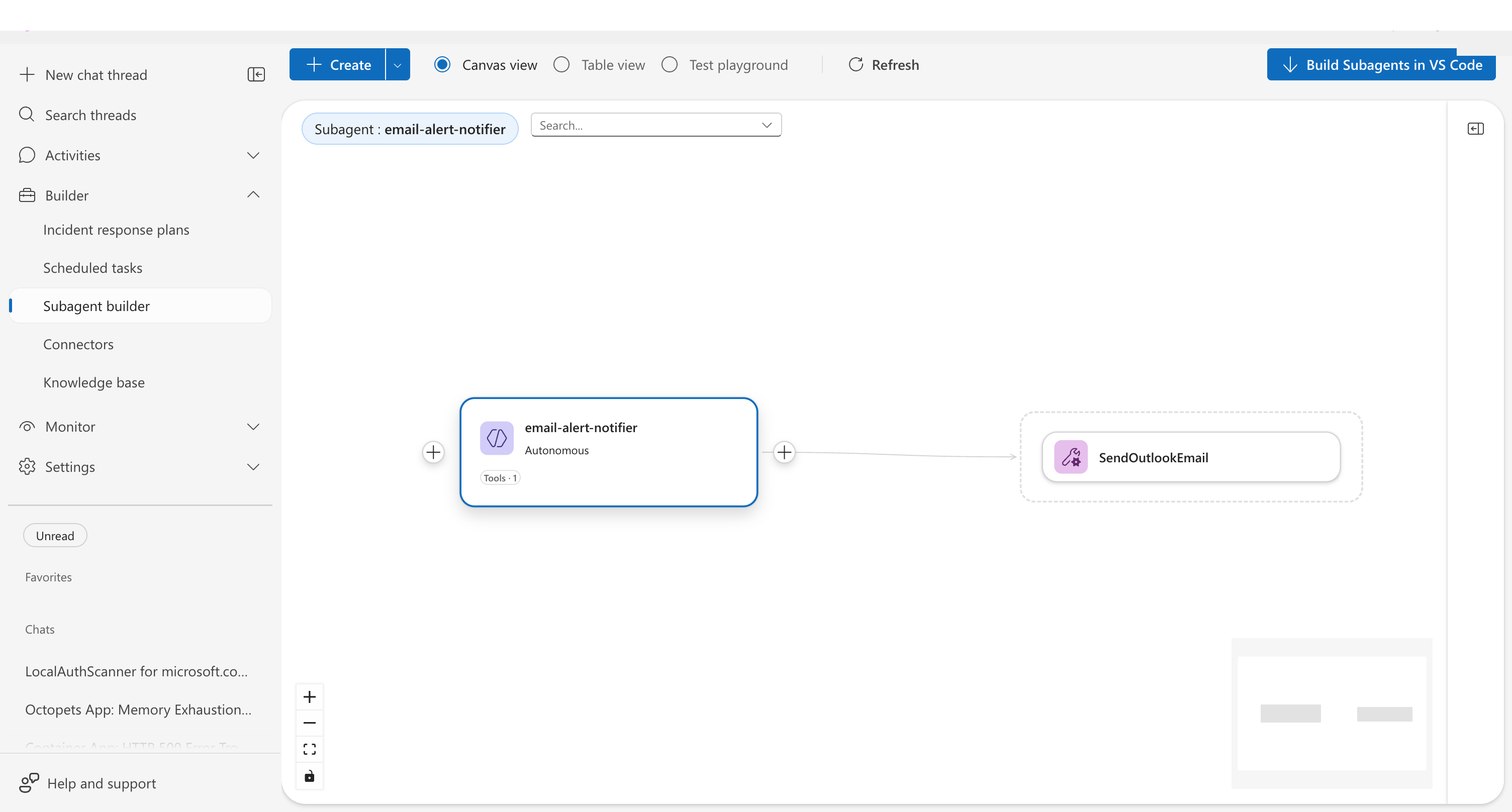 Agent Canvas showing a custom agent node with connected tool