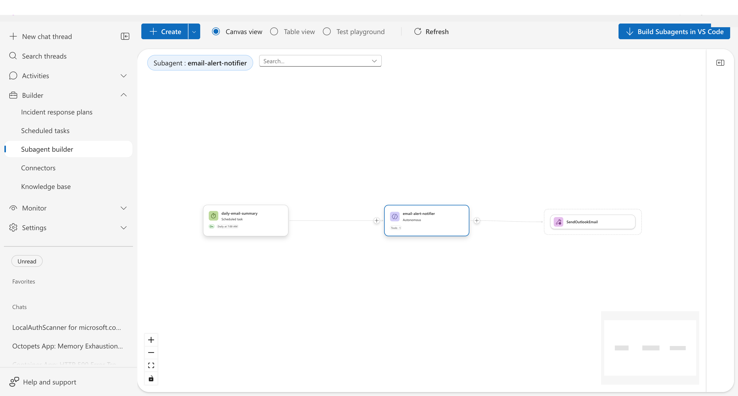 Canvas showing the complete workflow: scheduled task connected to custom agent connected to tool