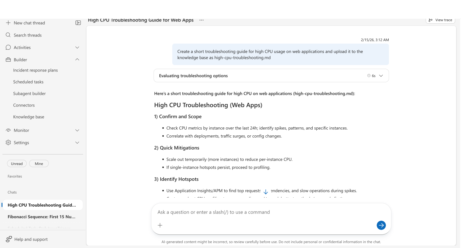 Agent generating and uploading a troubleshooting guide during a conversation