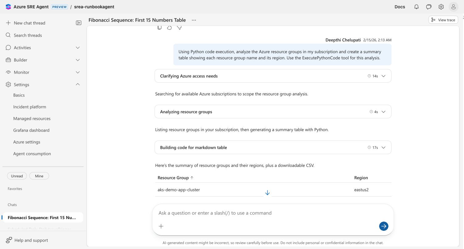 Code Interpreter analyzing Azure resource groups and producing a formatted table with download link