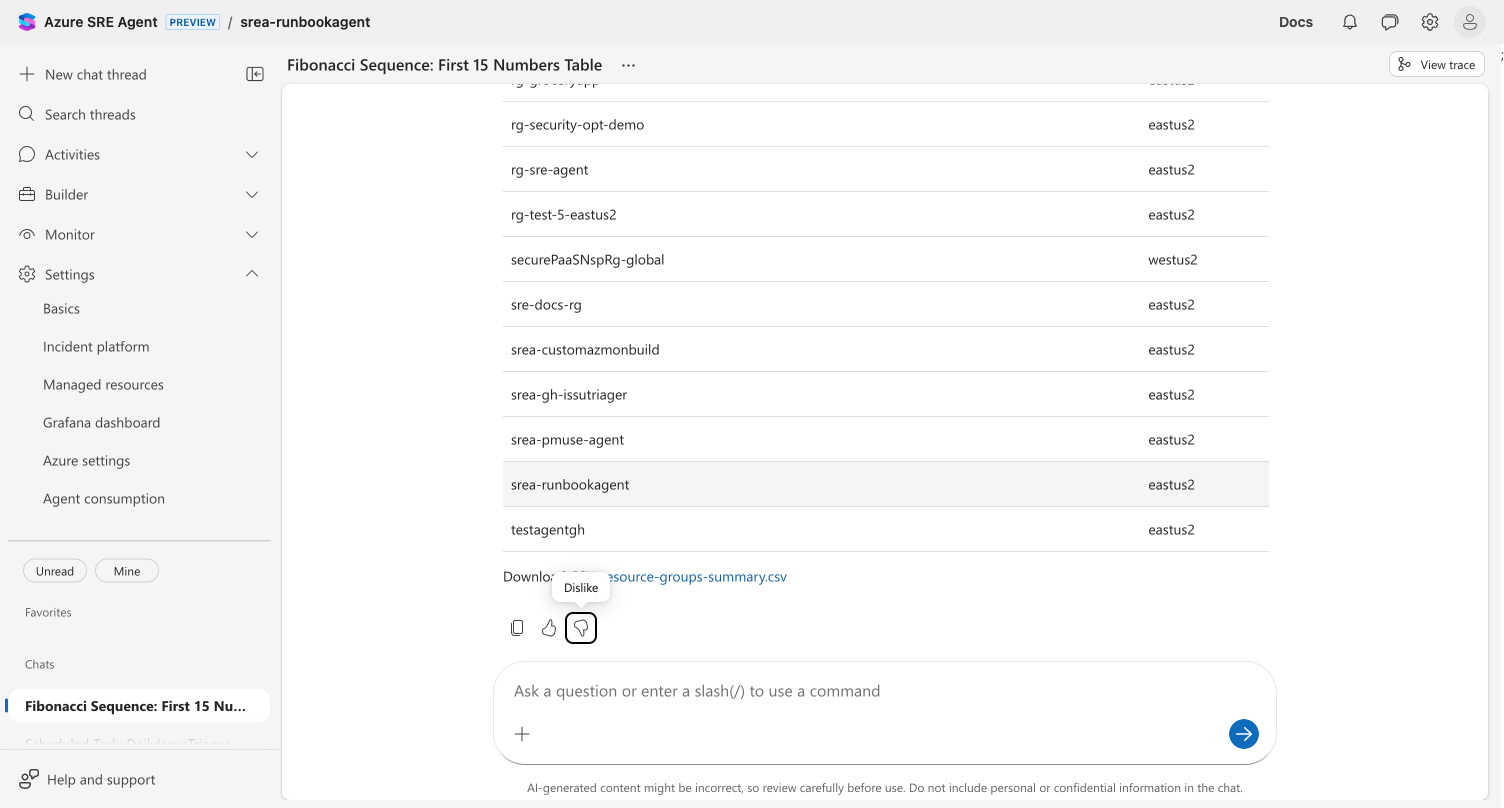 Formatted resource group table with download link for CSV file