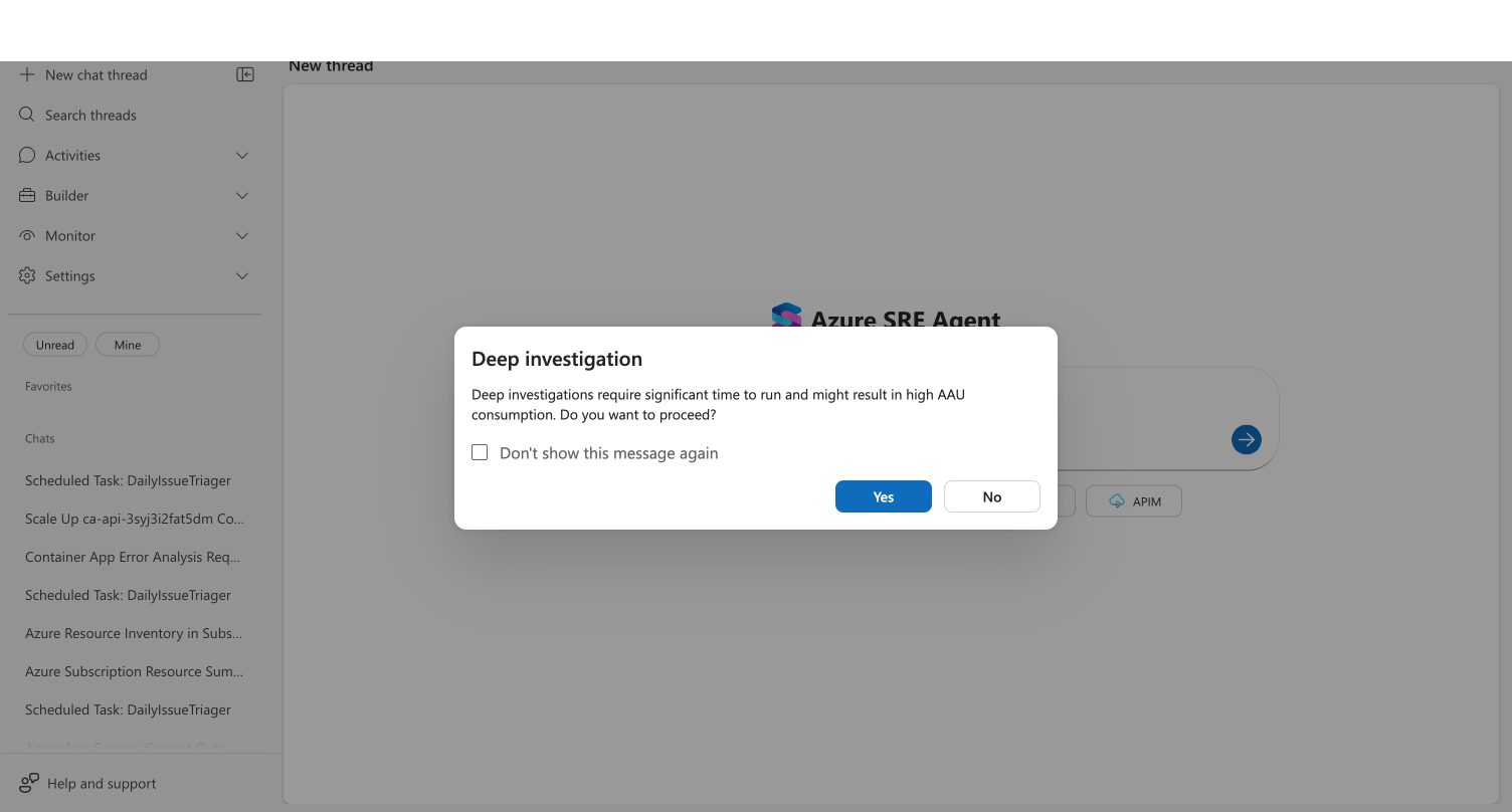 Confirmation dialog asking if you want to proceed with deep investigation, with a checkbox to dismiss future warnings