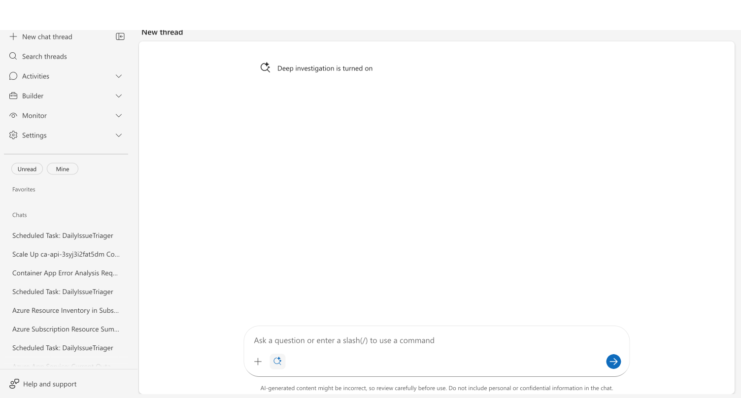 Chat showing Deep investigation is turned on status message and the sparkle badge in the footer