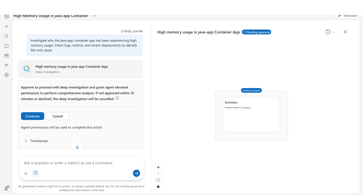 Authorization prompt showing the investigation card, approval message, and Continue/Cancel buttons