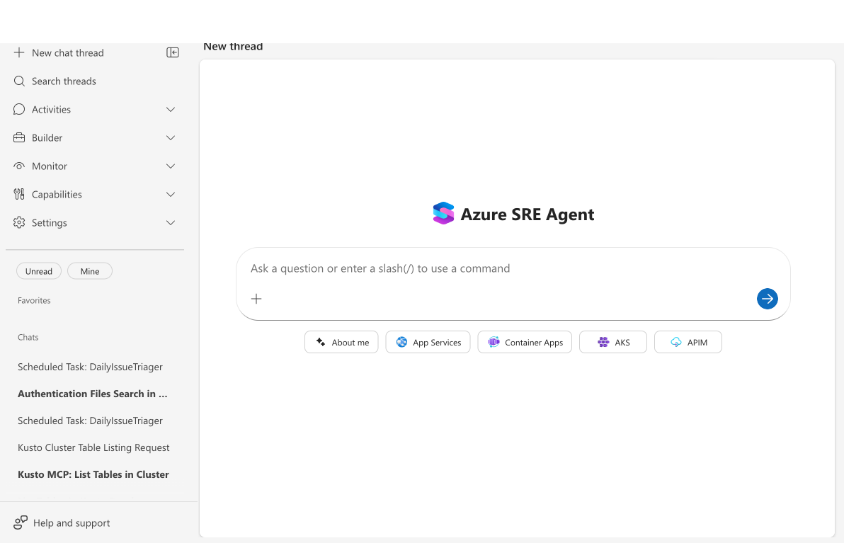 Agent chat interface showing New thread view with chat input ready