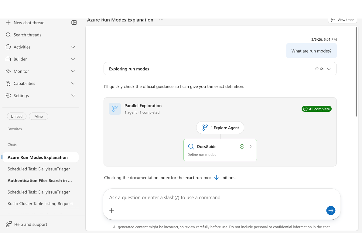 DocsGuide custom agent card showing Define run modes task with green checkmark, inside a Parallel Exploration container