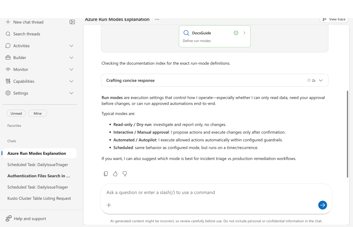 DocsGuide custom agent card showing Define run modes task with green checkmark, followed by a structured answer about run modes
