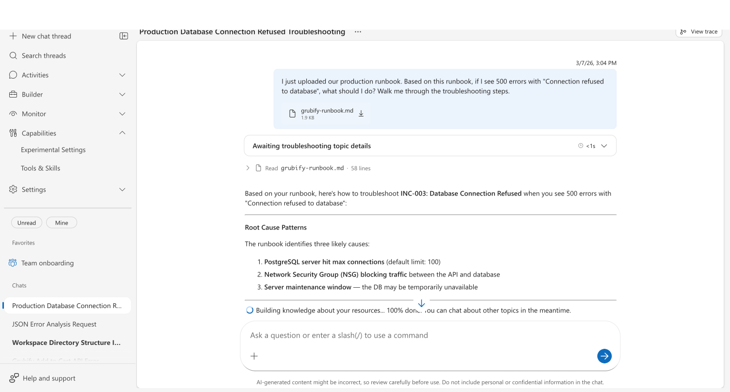 Chat message showing an uploaded runbook file with the agent reading all 58 lines and providing structured troubleshooting based on the runbook content
