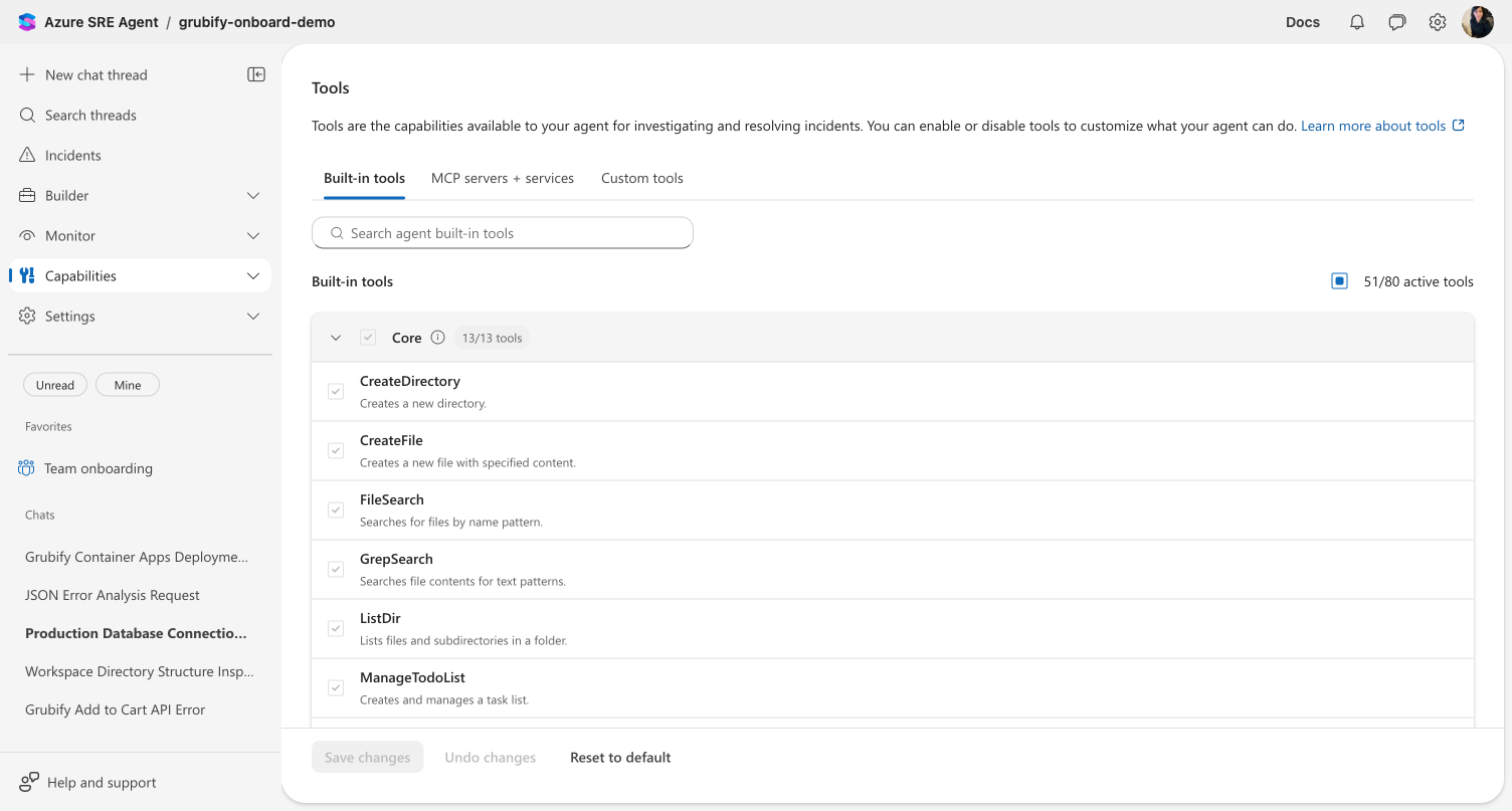 Core tools category expanded showing always-on tools like CreateDirectory, CreateFile, FileSearch with disabled checkboxes