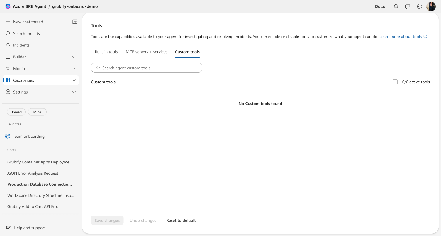Custom tools tab showing an empty state with the message No Custom tools found