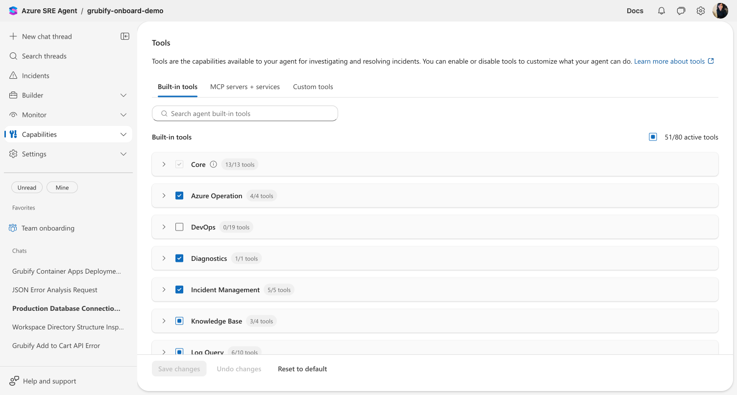Tools & Skills page showing the Built-in tools tab with categories and active tool counts