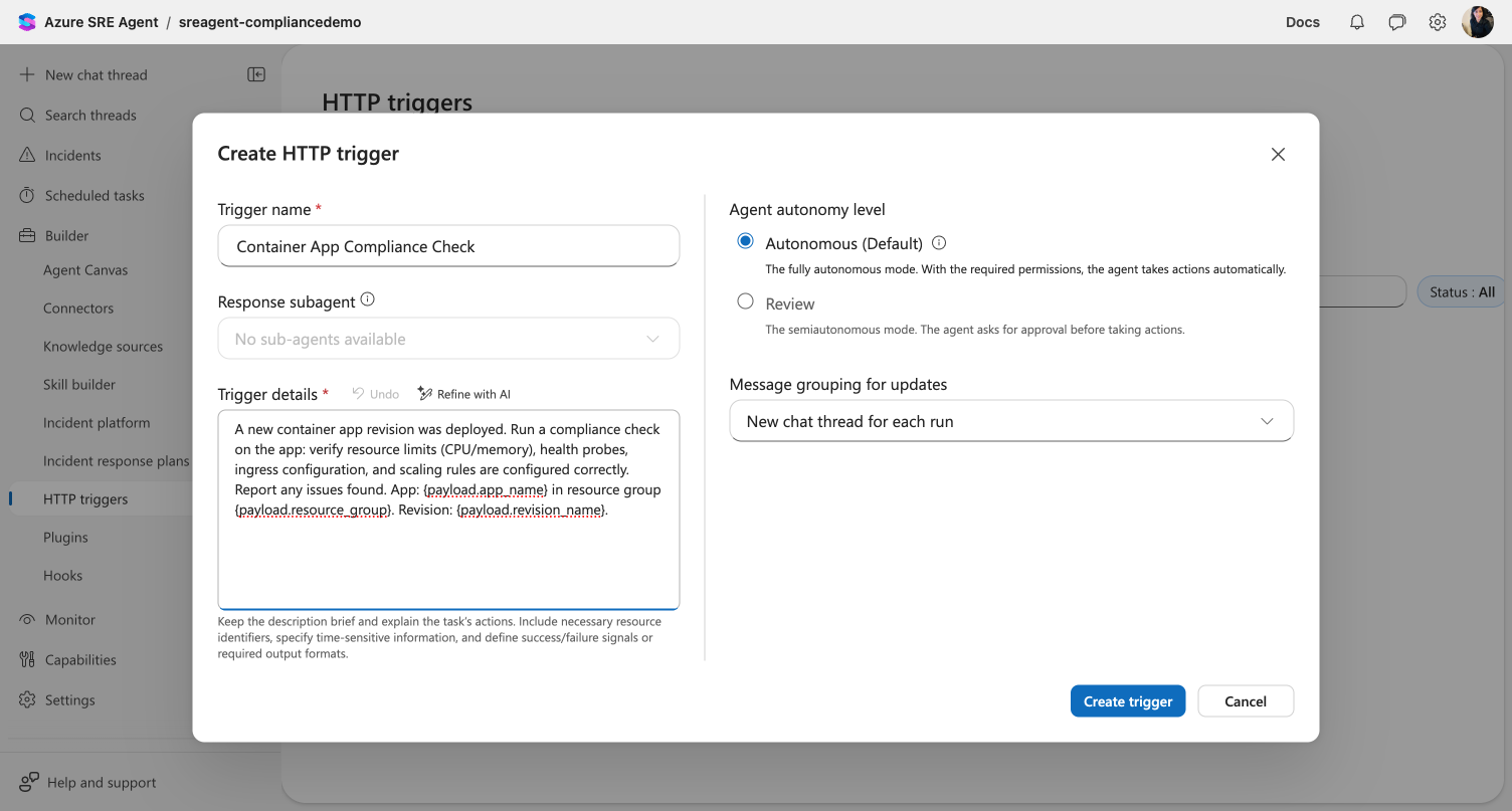 Create HTTP trigger dialog filled with Container App Compliance Check name and prompt with payload placeholders