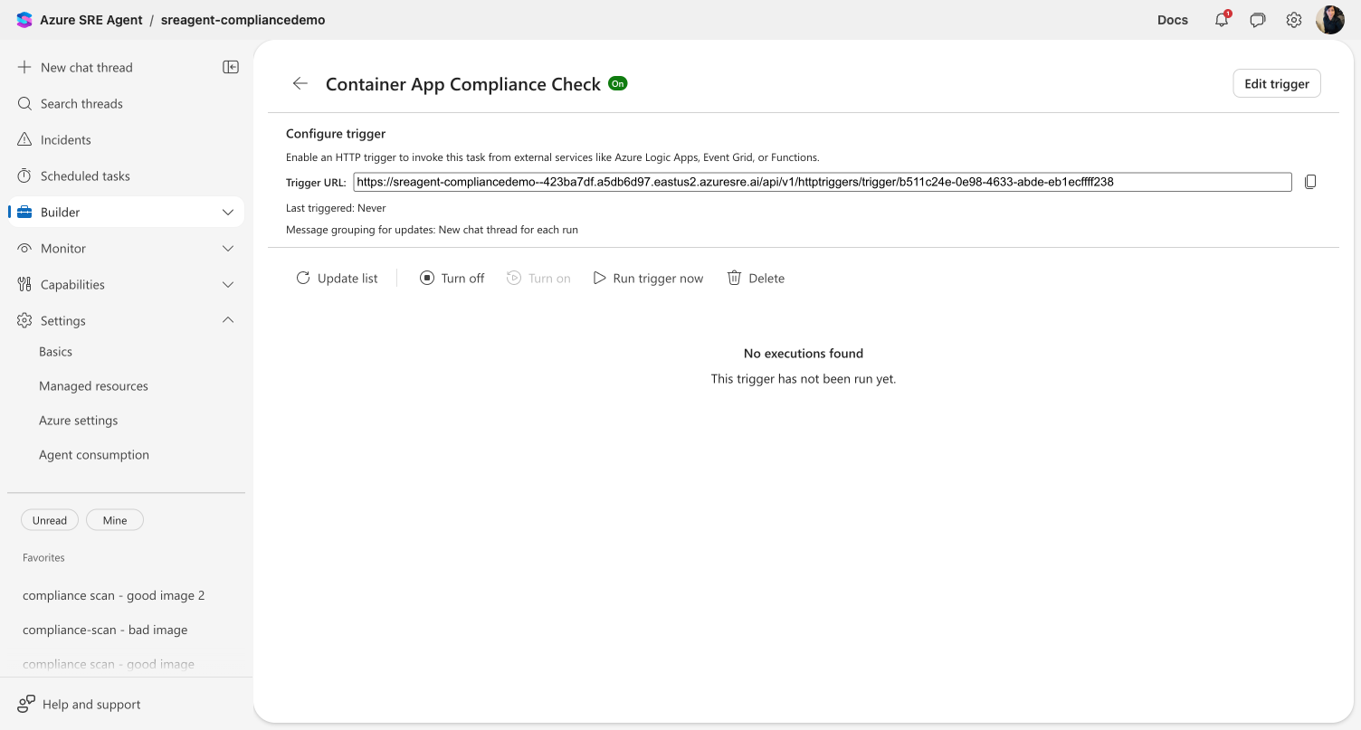 HTTP trigger detail view showing trigger URL, On status, and No executions found