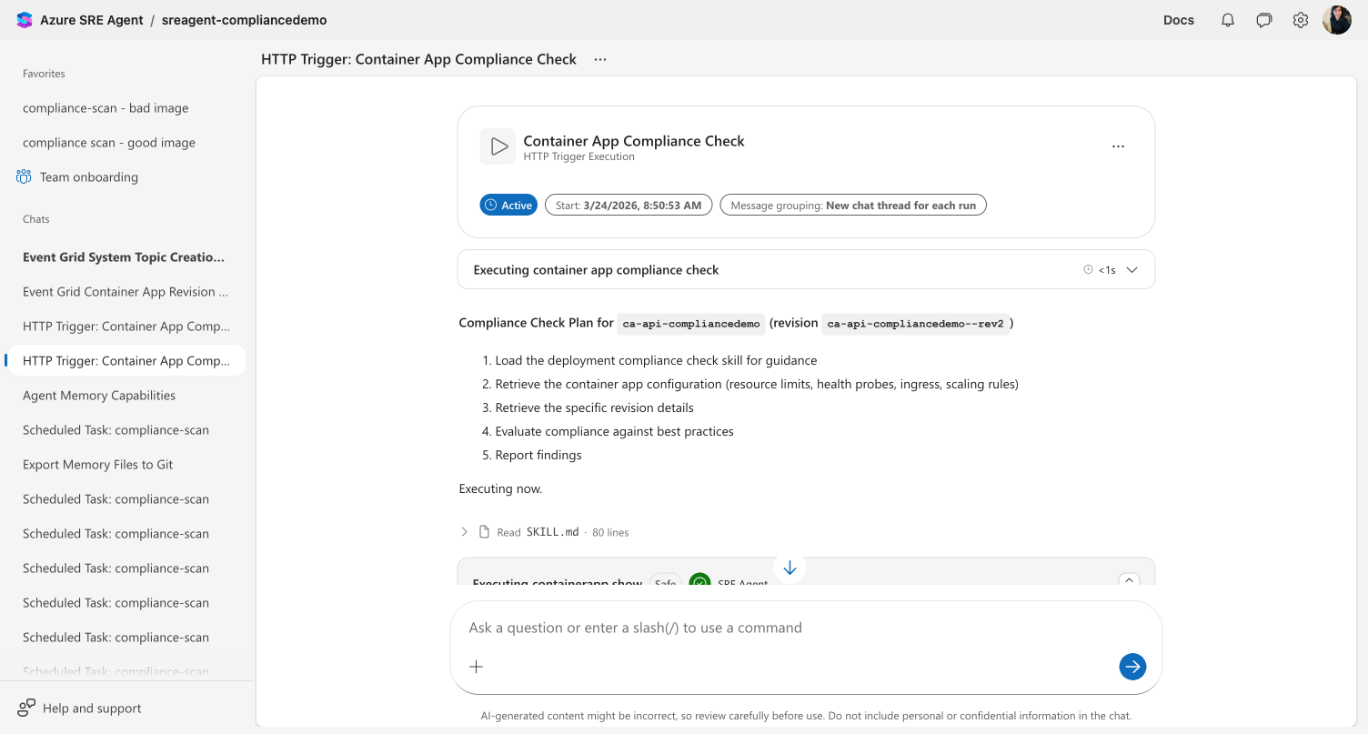 HTTP trigger execution thread showing the execution card with Active status, start time, and 5-step compliance check plan