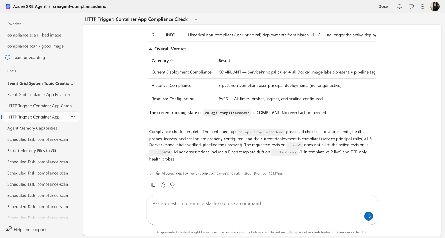 Compliance check verdict showing COMPLIANT status, PASS for resource configuration, and 3 historical non-compliant deployments
