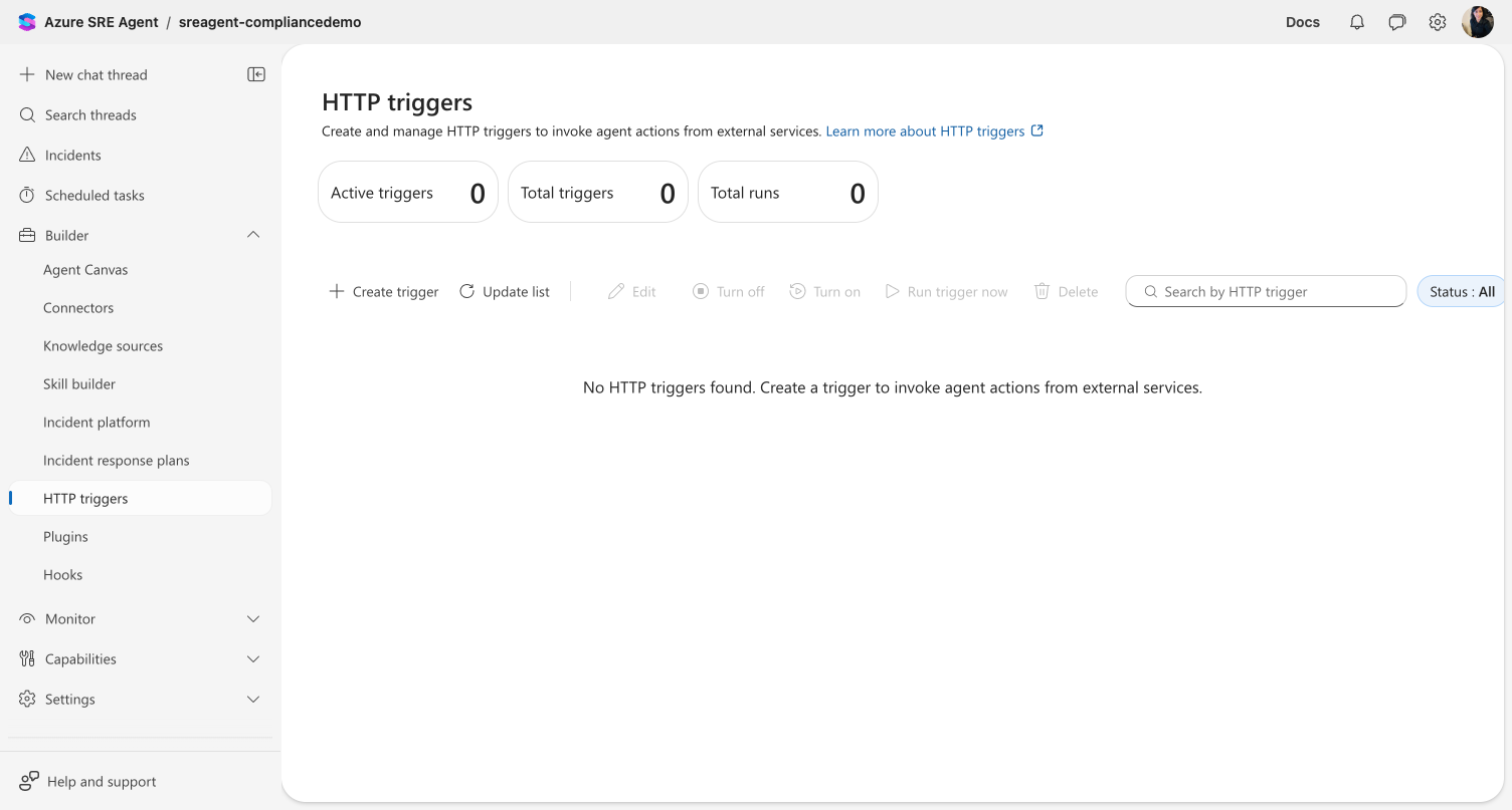 HTTP triggers page showing zero triggers with Create trigger button