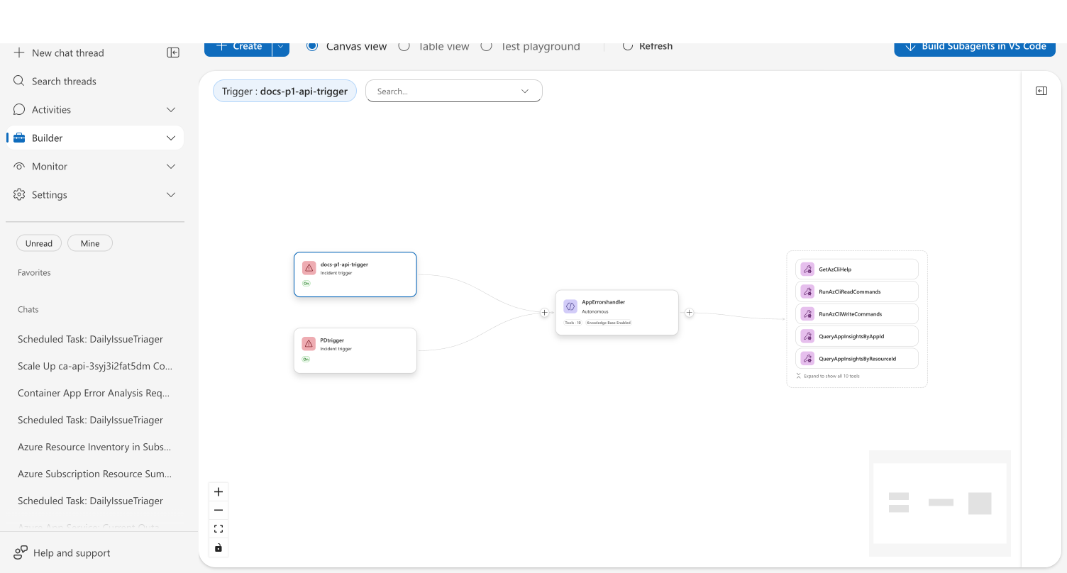 Agent Canvas canvas showing incident trigger nodes connected to a custom agent with edges