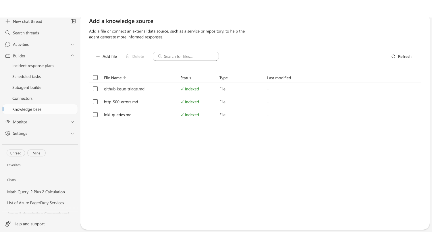 Knowledge settings page showing uploaded files with Indexed status, columns for File Name, Status, Type, and Last modified