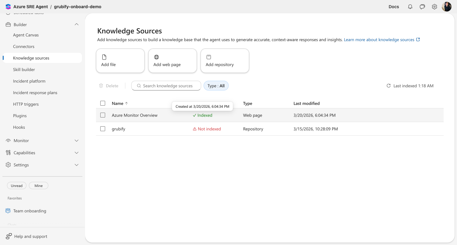 Knowledge source showing 'Created at' timestamp tooltip when hovering over the Indexed status indicator