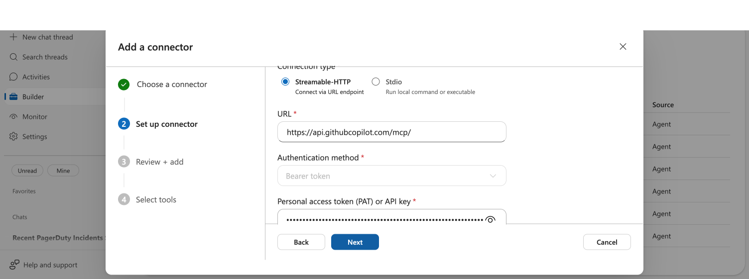 GitHub MCP connector form with name github-mcp, pre-filled URL, and PAT entered