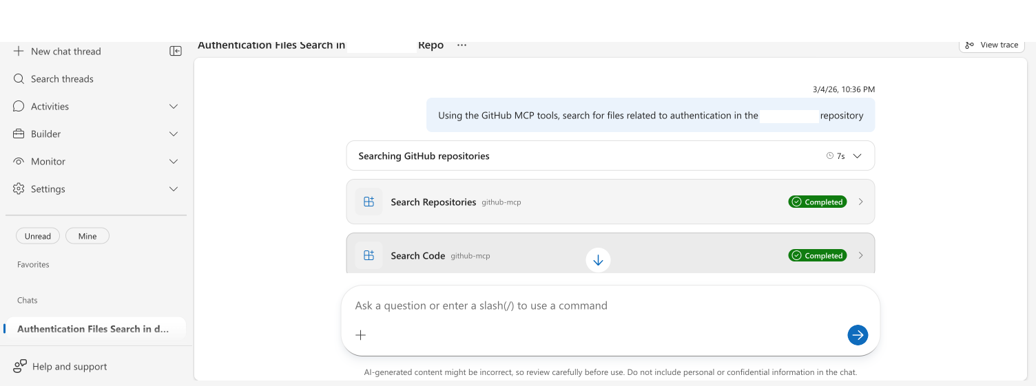 Chat showing GitHub MCP tool calls — Search Repositories and Search Code with Completed status