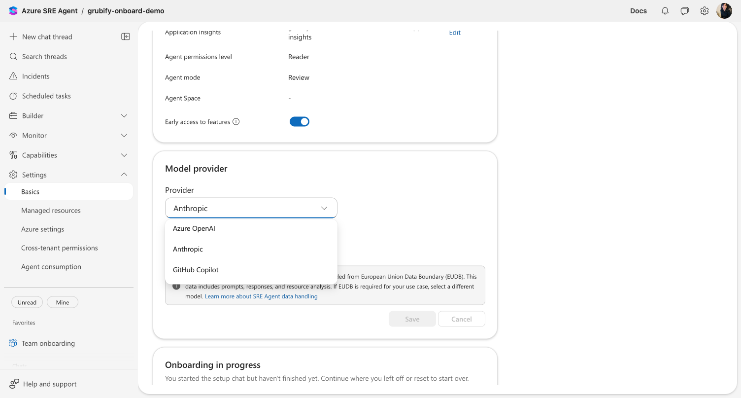 Model provider selection in Settings showing Provider dropdown with Azure OpenAI and Anthropic options