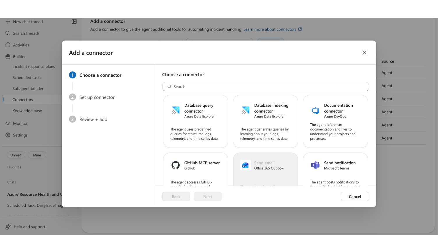 Connector picker showing Send email (Office 365 Outlook) and Send notification (Microsoft Teams) options alongside other connector types