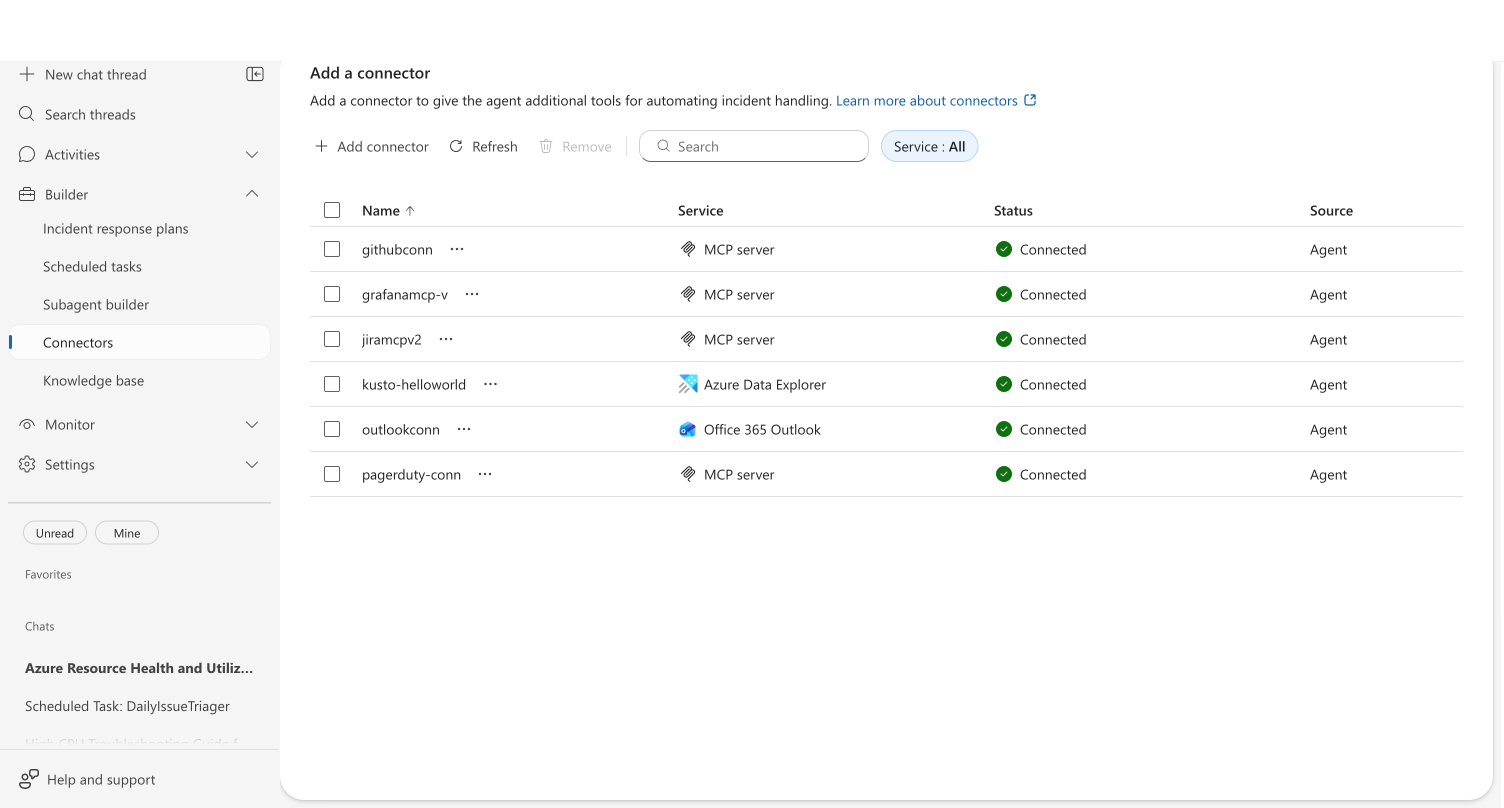 Connectors list page showing existing connectors with status indicators