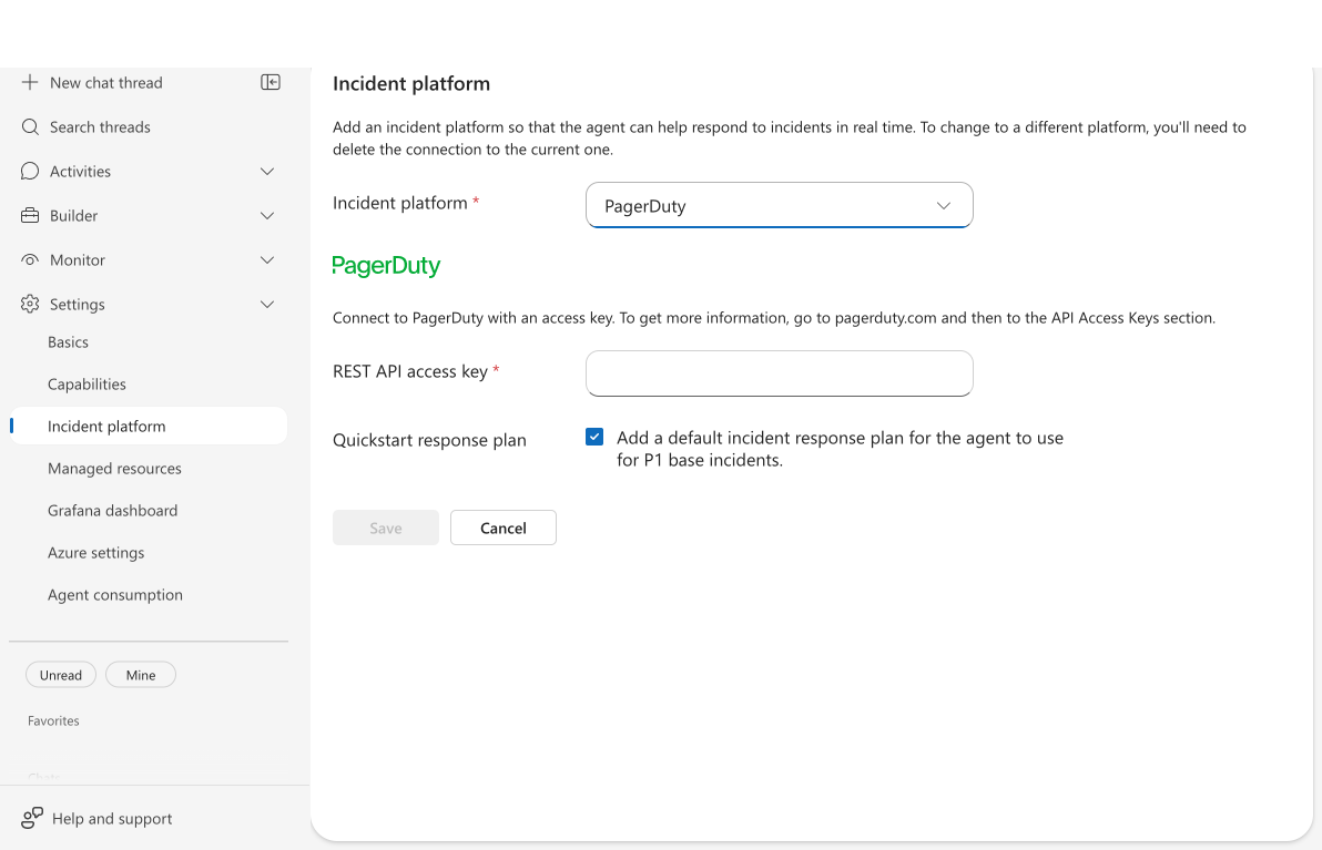 PagerDuty form showing REST API access key field and quickstart response plan checkbox
