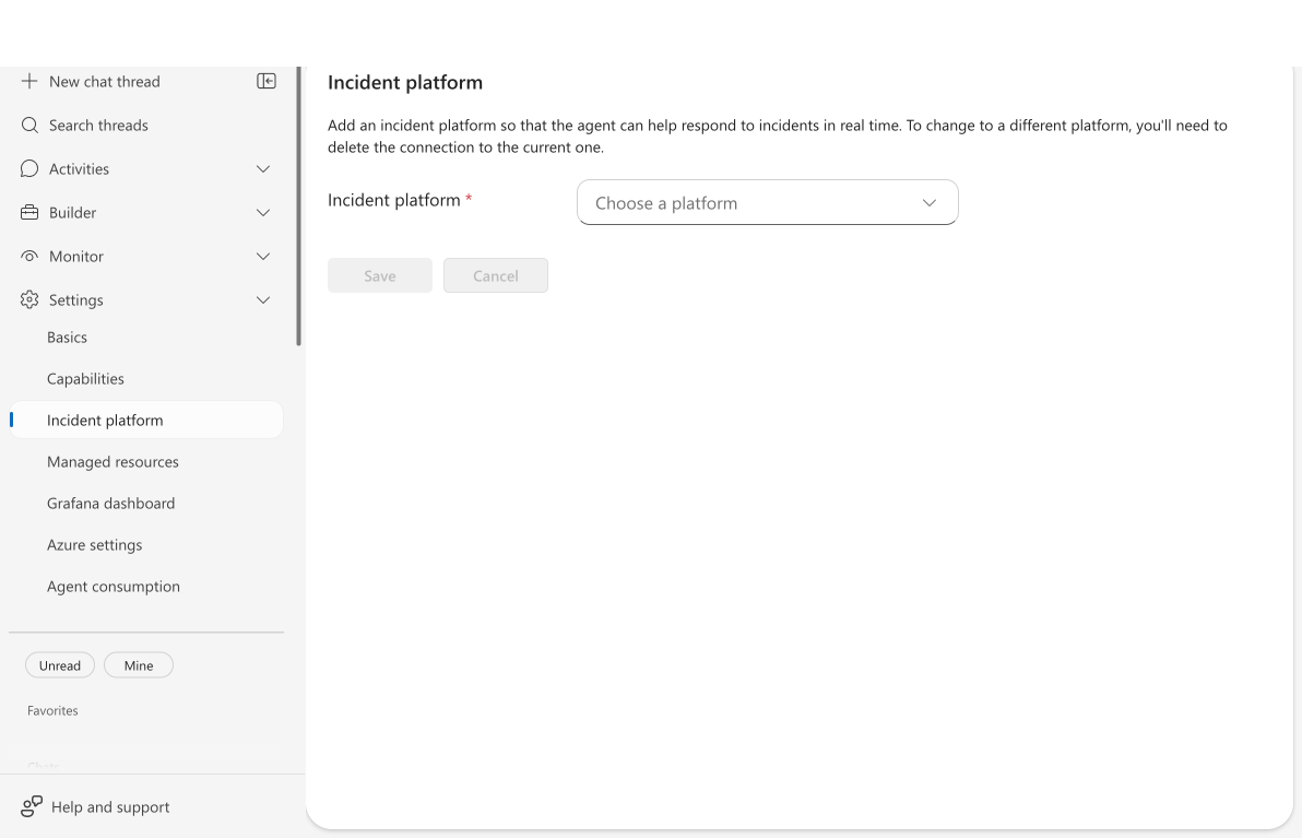 Builder sidebar expanded showing the Incident platform option selected