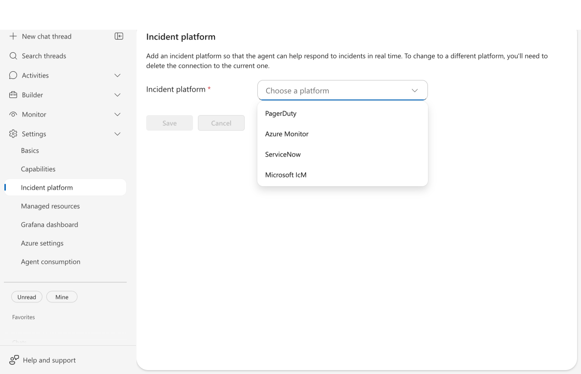 Incident platform dropdown showing PagerDuty, Azure Monitor, and ServiceNow options