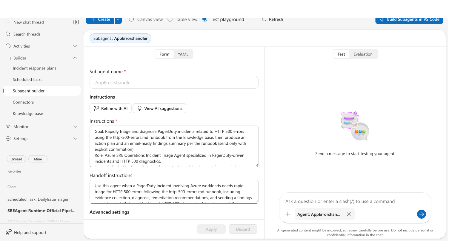 Agent playground showing split-screen layout with form editor on left and chat test panel on right
