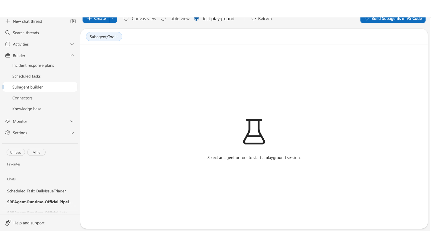 Test playground view with empty state and Custom agent/Tool selector at the top